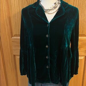 Vintage Emerald Green Velvet Button-Up Blouse